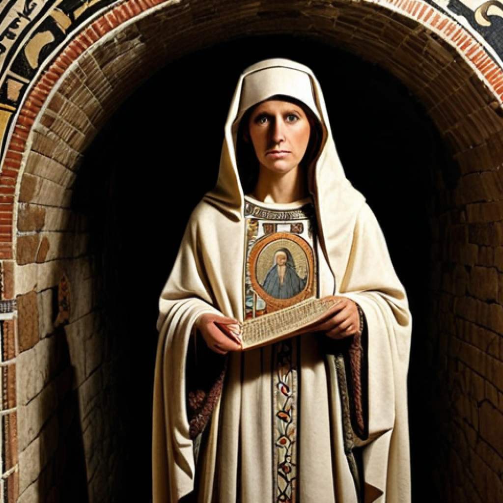 **Early Christian Era Mary:** "Early Christian mosaic depicting Mary as the 'Mother of the Church' in a Roman catacomb, simple robes, holding a scroll, surrounded by early Christian symbols, dark and mysterious atmosphere."