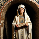 **Early Christian Era Mary:** "Early Christian mosaic depicting Mary as the 'Mother of the Church' in a Roman catacomb, simple robes, holding a scroll, surrounded by early Christian symbols, dark and mysterious atmosphere."