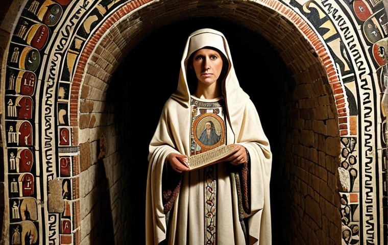 **Early Christian Era Mary:** "Early Christian mosaic depicting Mary as the 'Mother of the Church' in a Roman catacomb, simple robes, holding a scroll, surrounded by early Christian symbols, dark and mysterious atmosphere."