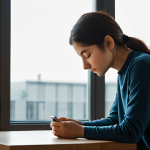 A serene individual, fully clothed in modest, appropriate attire, seated in a tranquil, minimalist modern living space. Their eyes are gently closed, and their posture is upright, exuding an aura of inner peace and calm focus. A smartphone is gently placed face down on a nearby table, out of reach, symbolizing digital detox and the pursuit of inner calm. Soft, warm natural light filters through a window, illuminating the scene. The atmosphere is one of profound stillness and quiet contemplation. Perfect anatomy, correct proportions, natural pose, well-formed hands, proper finger count, natural body proportions. Professional photography, high resolution, soft focus, safe for work, appropriate content, fully clothed, modest, family-friendly.
