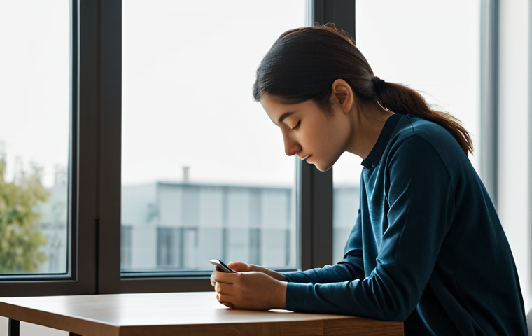 A serene individual, fully clothed in modest, appropriate attire, seated in a tranquil, minimalist modern living space. Their eyes are gently closed, and their posture is upright, exuding an aura of inner peace and calm focus. A smartphone is gently placed face down on a nearby table, out of reach, symbolizing digital detox and the pursuit of inner calm. Soft, warm natural light filters through a window, illuminating the scene. The atmosphere is one of profound stillness and quiet contemplation. Perfect anatomy, correct proportions, natural pose, well-formed hands, proper finger count, natural body proportions. Professional photography, high resolution, soft focus, safe for work, appropriate content, fully clothed, modest, family-friendly.