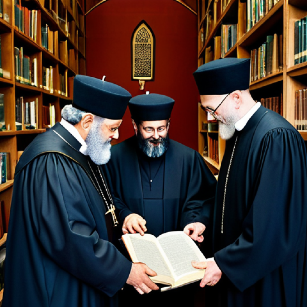 Shared Heritage**

"A group of people from diverse backgrounds, including priests and rabbis, studying ancient texts together in a well-lit library, fully clothed, appropriate attire, safe for work, perfect anatomy, natural proportions, family-friendly, academic setting, emphasizing shared Abrahamic roots."

**