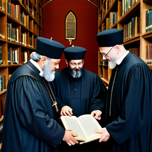 Shared Heritage**

"A group of people from diverse backgrounds, including priests and rabbis, studying ancient texts together in a well-lit library, fully clothed, appropriate attire, safe for work, perfect anatomy, natural proportions, family-friendly, academic setting, emphasizing shared Abrahamic roots."

**