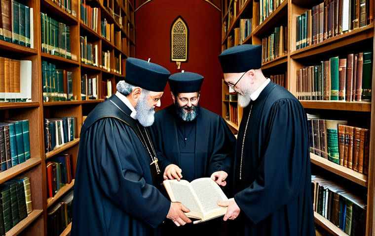 Shared Heritage**

"A group of people from diverse backgrounds, including priests and rabbis, studying ancient texts together in a well-lit library, fully clothed, appropriate attire, safe for work, perfect anatomy, natural proportions, family-friendly, academic setting, emphasizing shared Abrahamic roots."

**